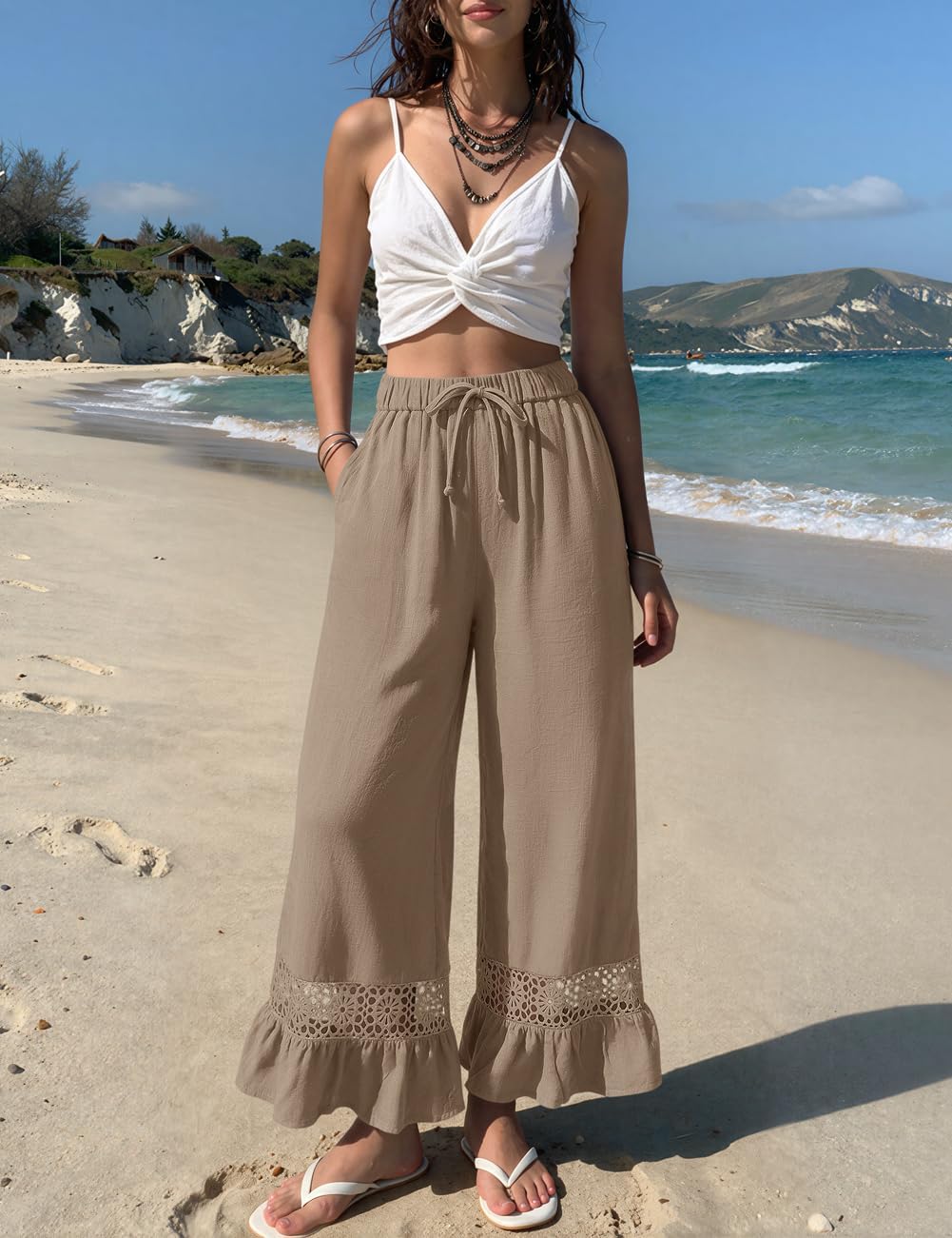 TARSE Linen Pants Women Wide Leg Lace Ruffle Hem Palazzo Pants with Pockets