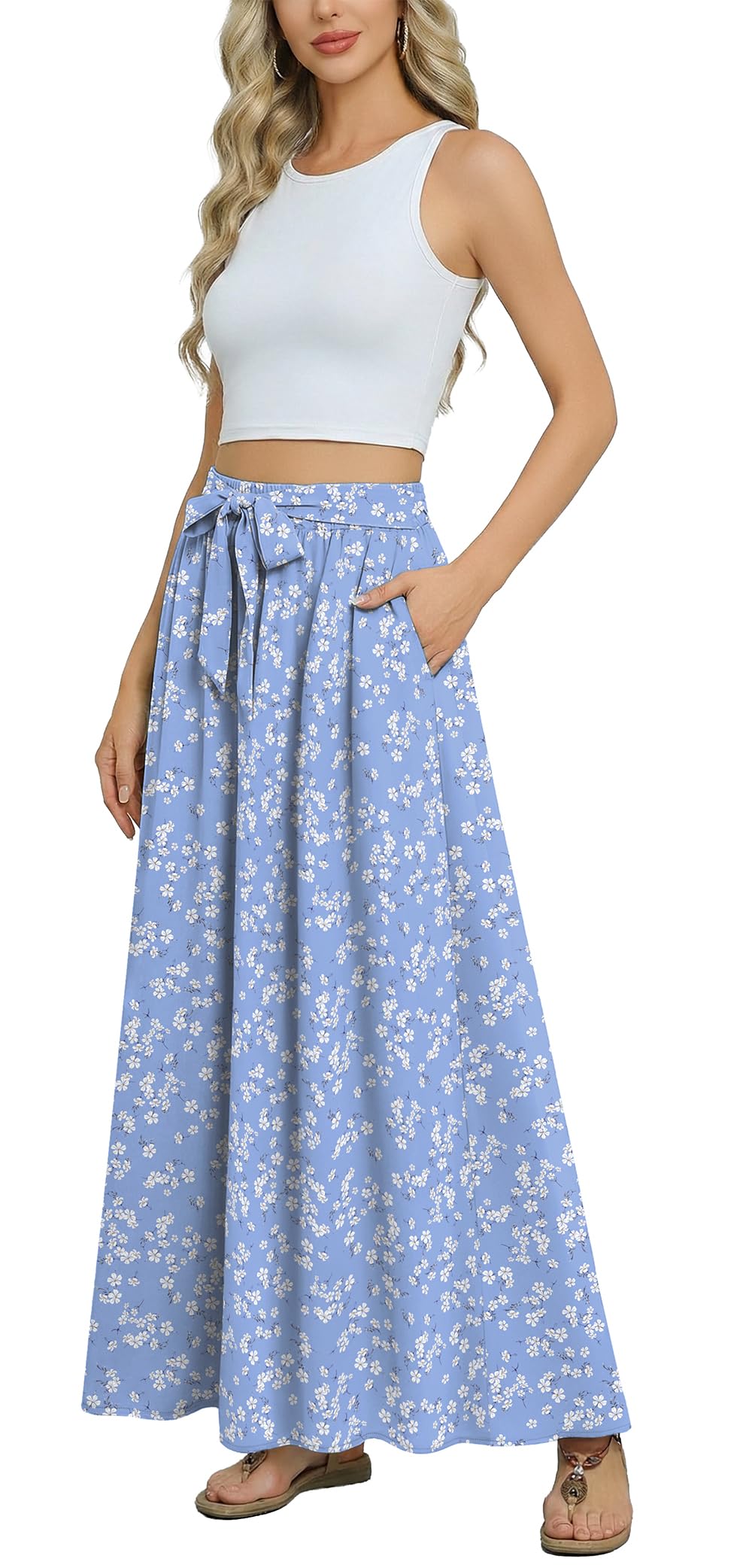 Askyes Womens Maxi Skirt Summer Trendy Tie Knot Elastic High Waisted Boho Casual Beach Flowy Swing Long Skirts with Pockets