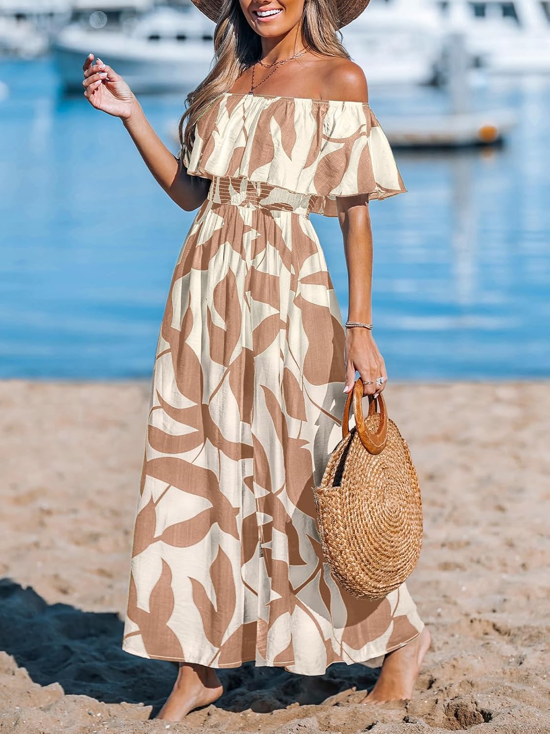CUPSHE Womens Ruffle Floral Maxi Summer Dress Off Shoulder Beach Dress