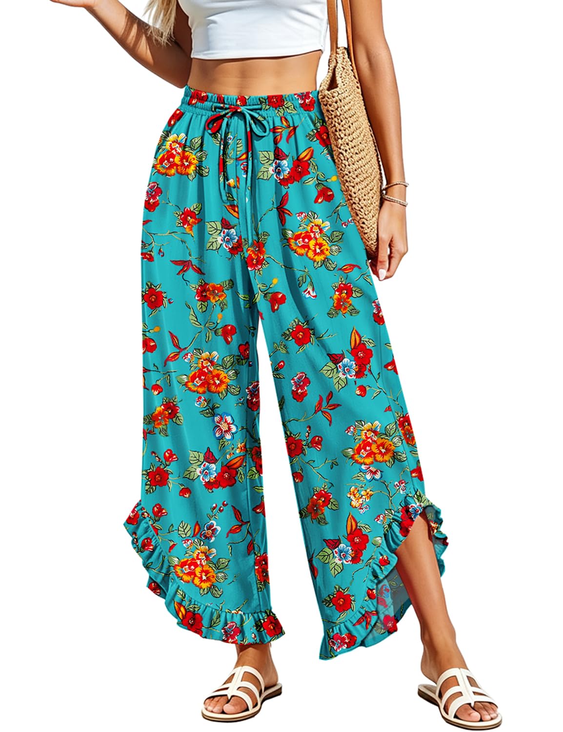 YESNO Women's Summer Wide Leg Ruffle Hem Cropped Casual Pants PAR