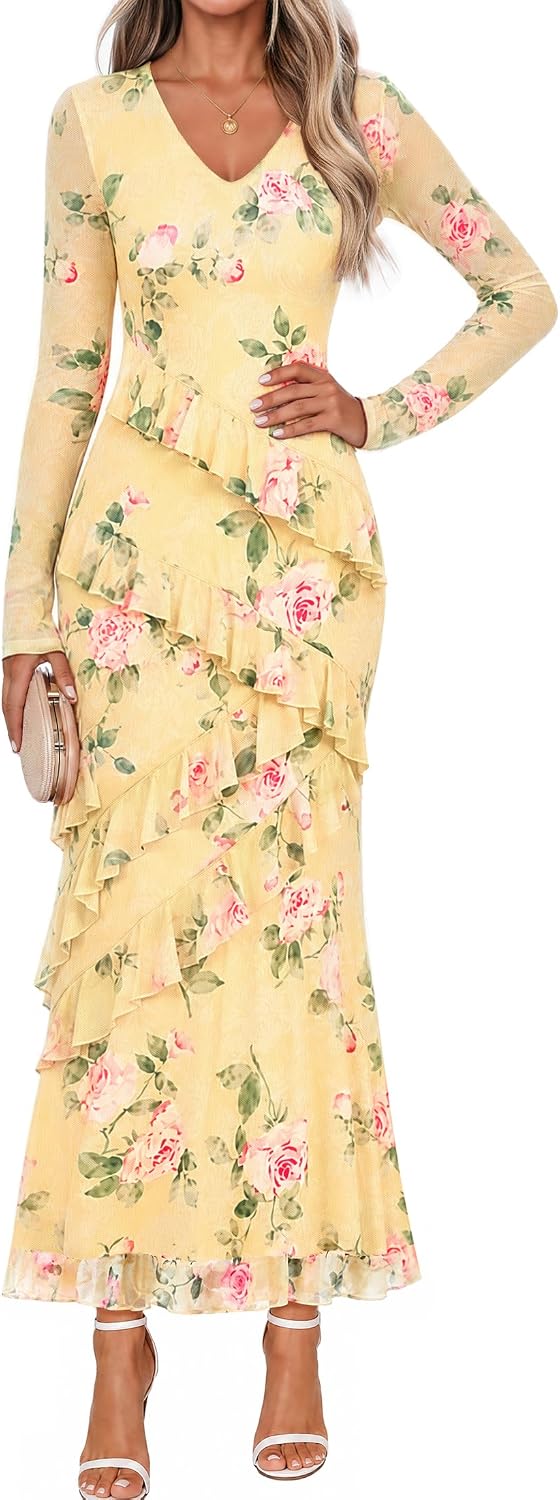 MEROKEETY Womens Fall Wedding Guest Floral Long Sleeve Bodycon Maxi Dress