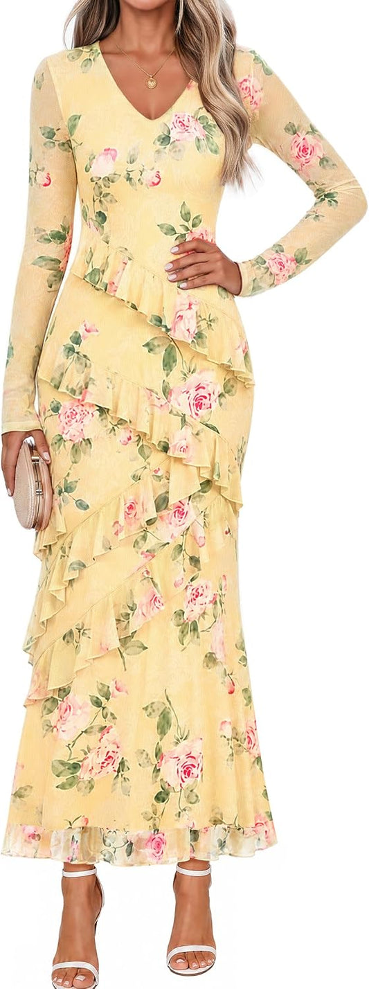 MEROKEETY Womens Fall Wedding Guest Floral Long Sleeve Bodycon Maxi Dress