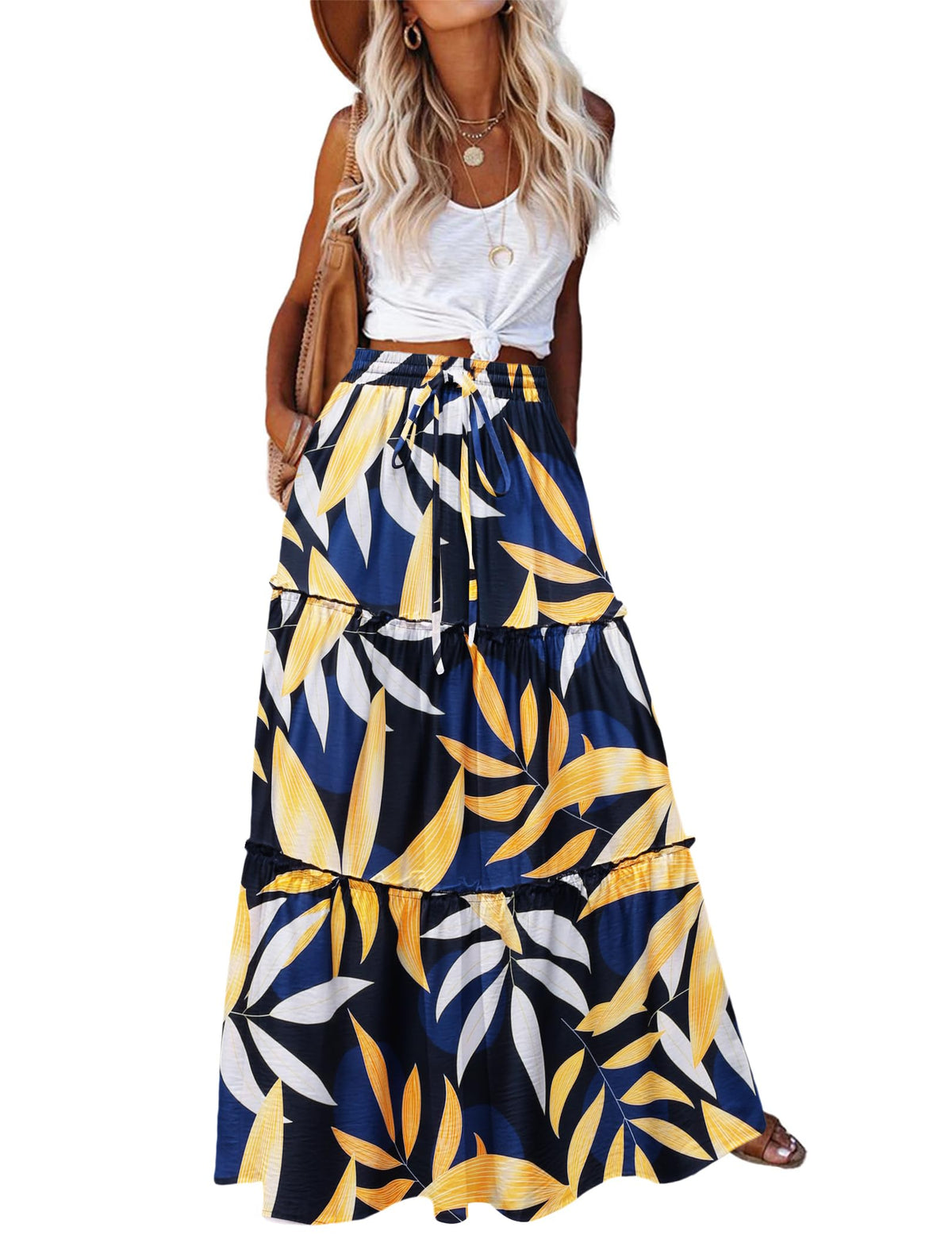 Zeagoo Womens Casual Maxi Skirts for Women 2026 High Waist Boho Skirts Floral Printed Long Flowy Skirt with Pockets