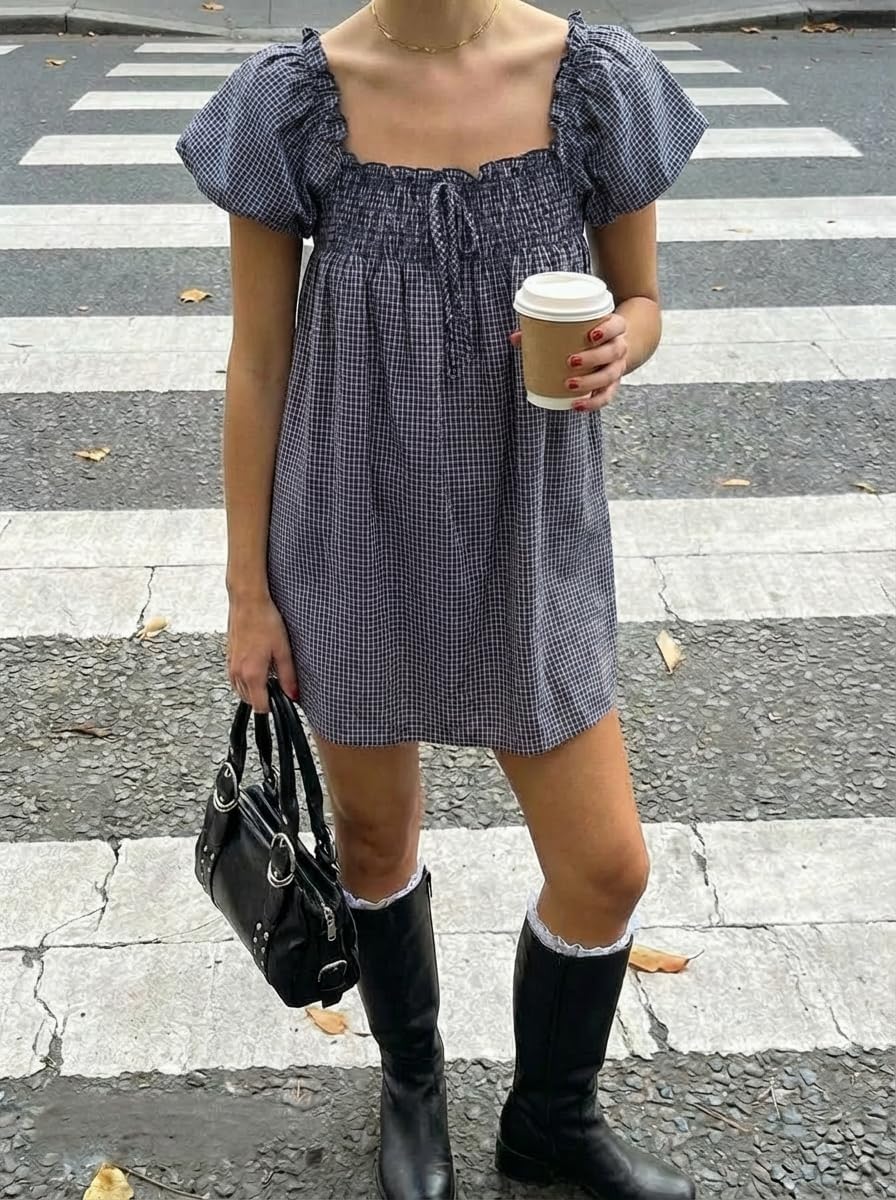 CIDER Womens Cotton Blend Gingham Shirred High Rise Mini Dress
