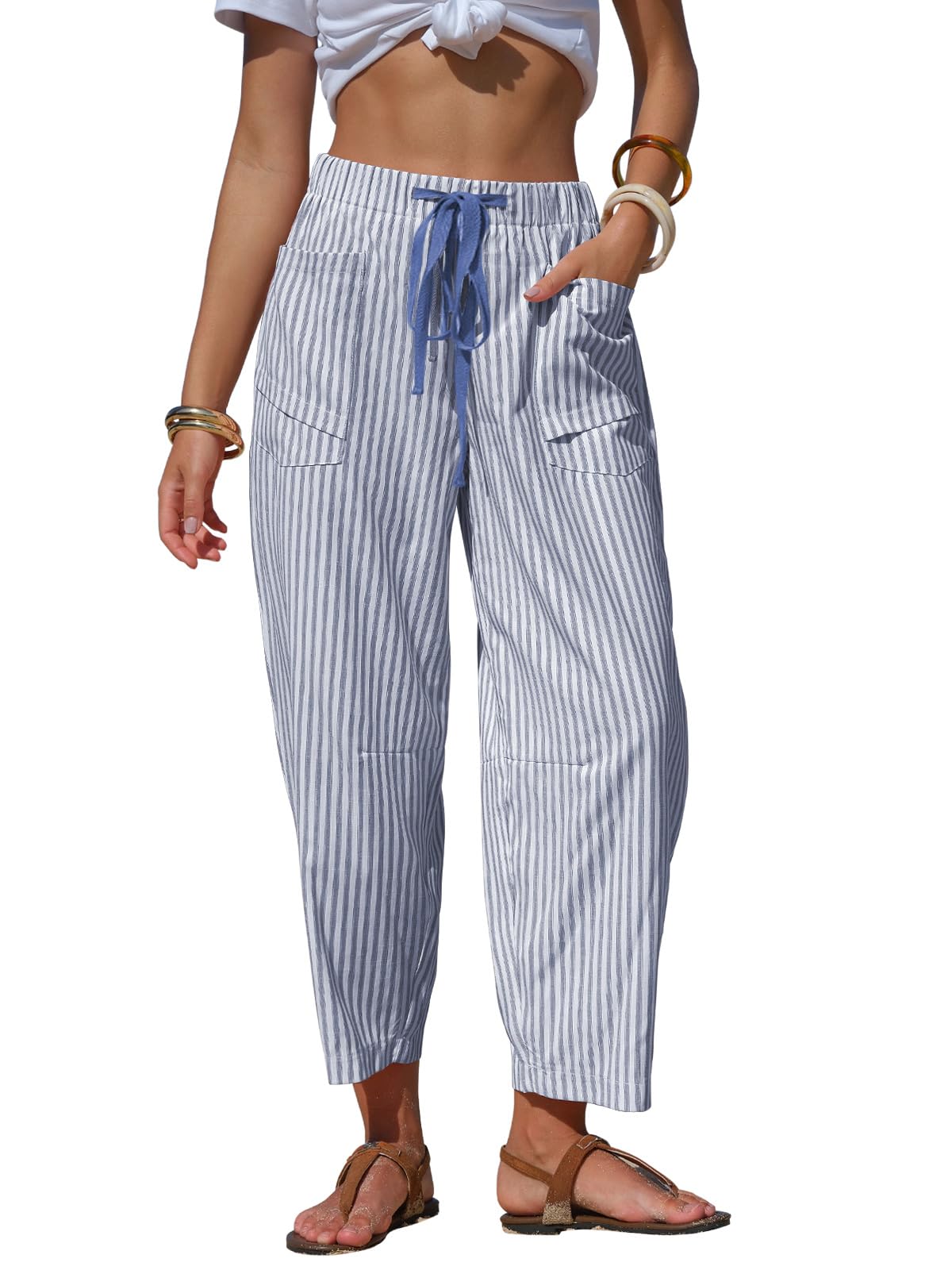 EXLURA Womens Faux Linen Striped Barrel Capri Pants Drawstring Trousers