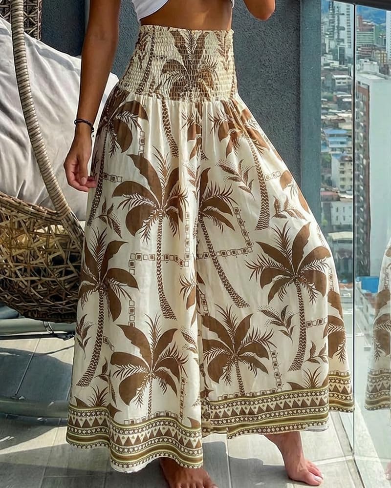 CHICME Womens Boho High Waisted Wide Leg Palazzo Pants Beach Vacation Wear