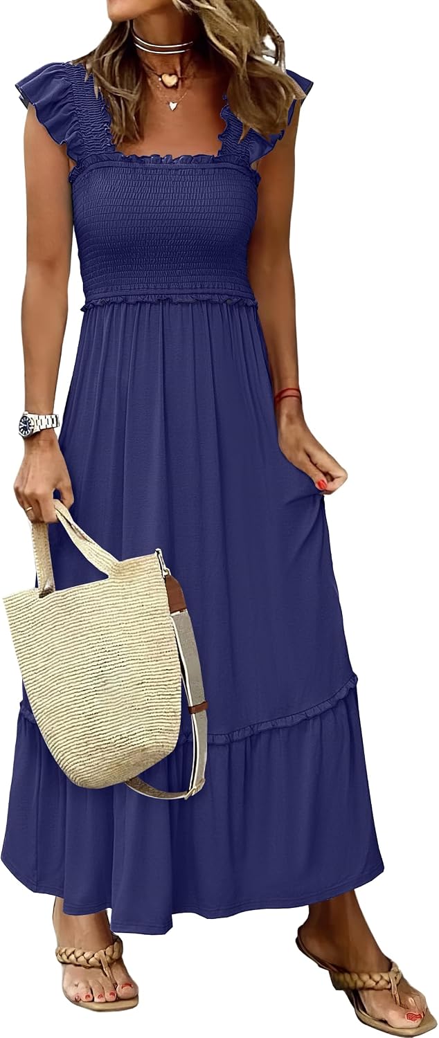 ANRABESS Womens Summer Sleeveless Maxi Dress Square Neck Smocked Boho Casual Ruffle Strap Flowy A-Line Long Beach Sundress