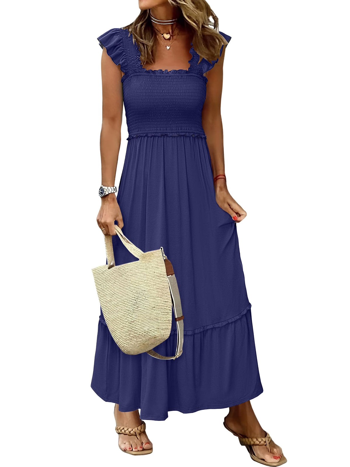 ANRABESS Womens Summer Sleeveless Maxi Dress Square Neck Smocked Boho Casual Ruffle Strap Flowy A-Line Long Beach Sundress