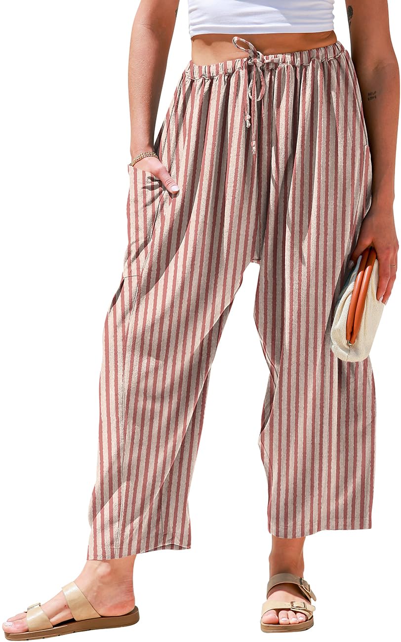 TARSE Womens Wide Leg Striped Linen Pants with Pocket