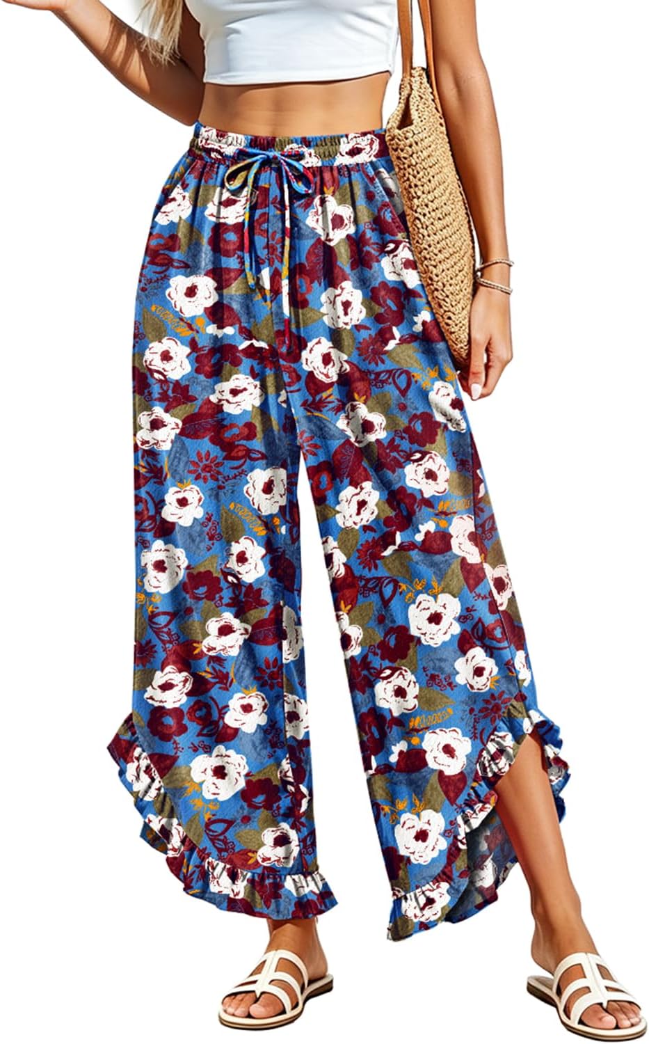 YESNO Women's Summer Wide Leg Ruffle Hem Cropped Casual Pants PAR