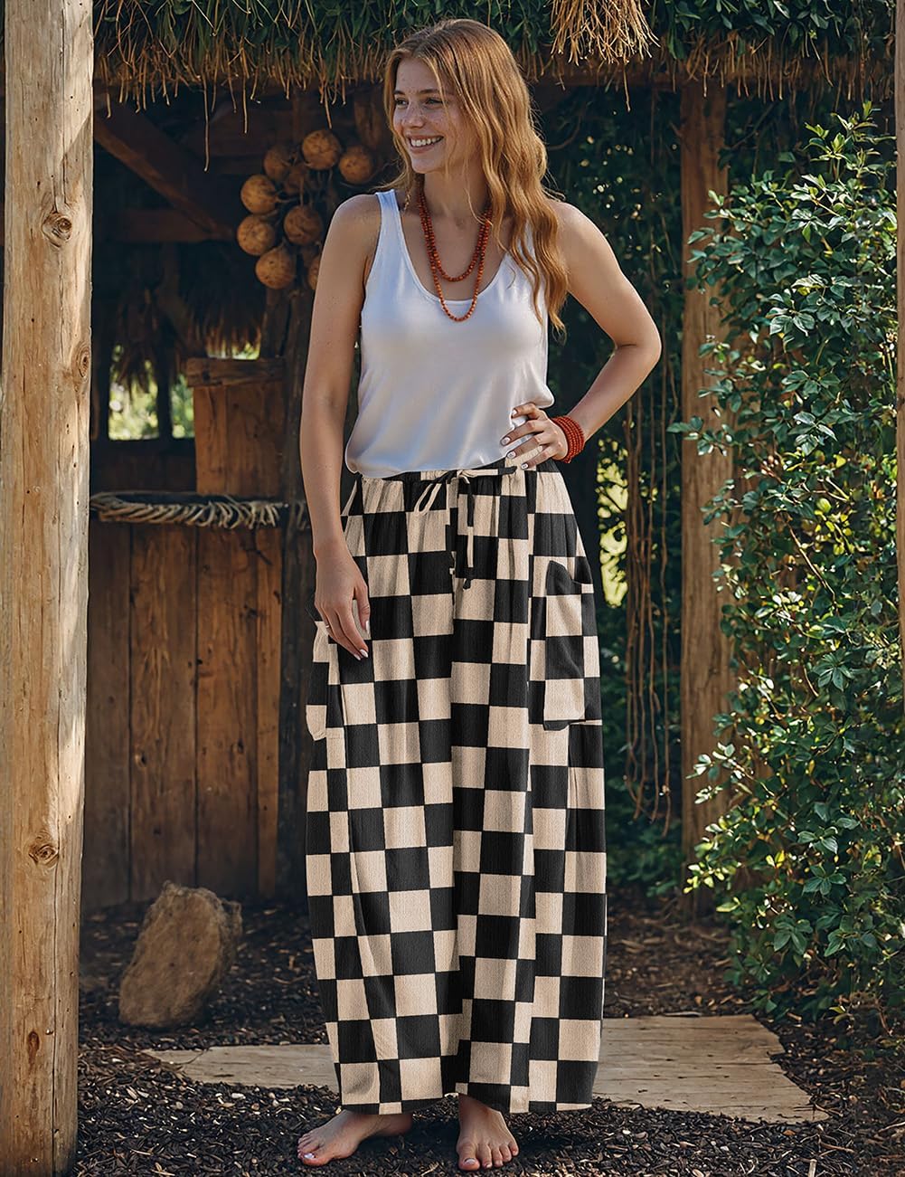 TARSE Womens Linen Palazzo Pants Wide Leg Casual Loose Drawstring Pants
