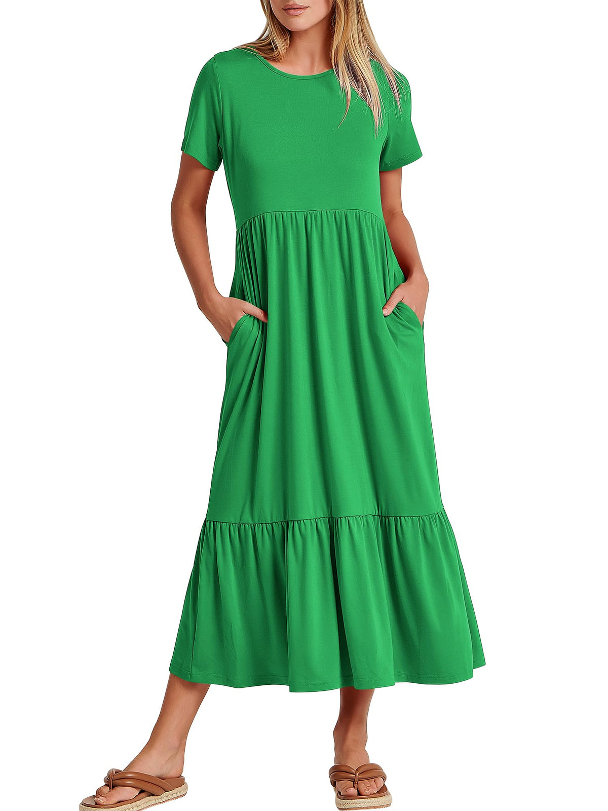 ANRABESS Womens 2026 Summer Casual Maxi Dress A line Tiered Flowy Short Sleeve Crewneck T Shirt Beach Travel Long Dresses