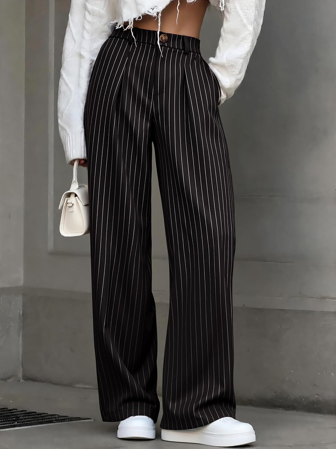 NIMIN Women High Waisted Dress Pants Striped Work Trousers with Pockets
