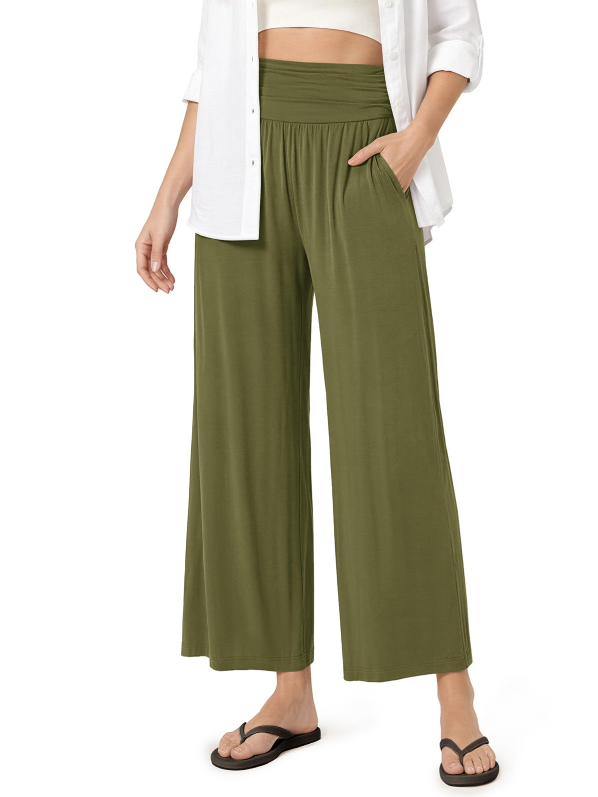 ODODOS Women's Wide Leg Palazzo Lounge Cropped Pants with Pockets Light Weight Comfy Pajama Capri Pants-20/22"/ 24" Inseam