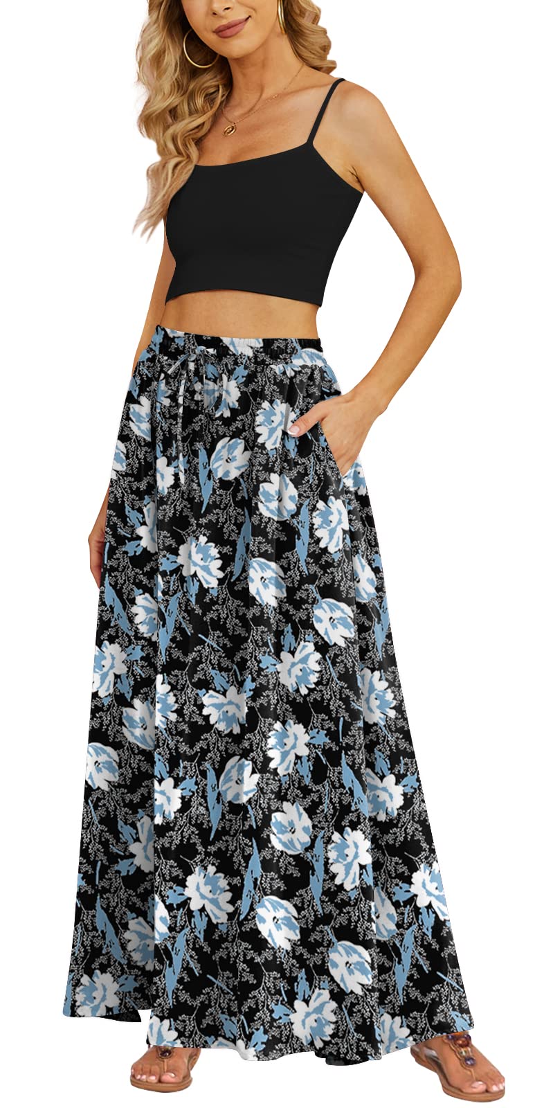 Yincro Women's Maxi Skirt Flowy High Waist Casual Long Skirts with Pockets