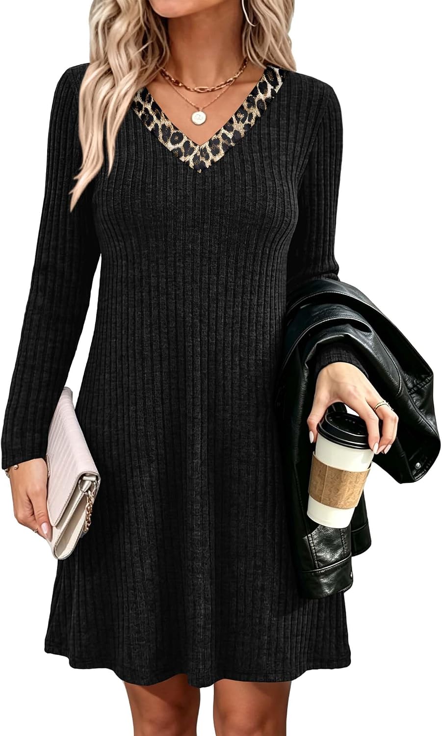 OFEEFAN Fall Dresses for Women Color Block V Neck Long Sleeve Sweater Dress
