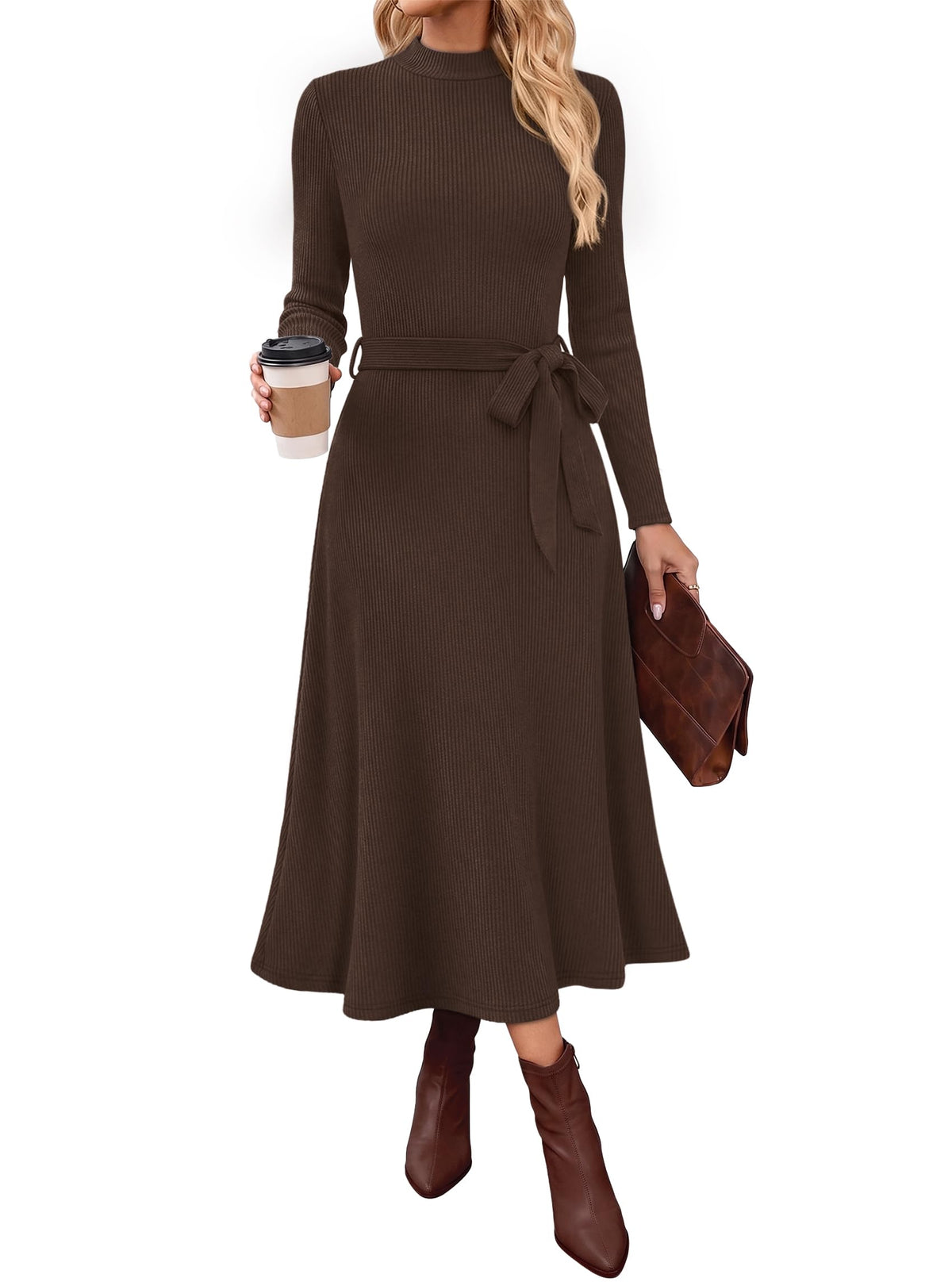OFEEFAN Long Sleeve Dress Mock Neck Tie Waist Ribbed Knit Midi Dresses Fall Outfits