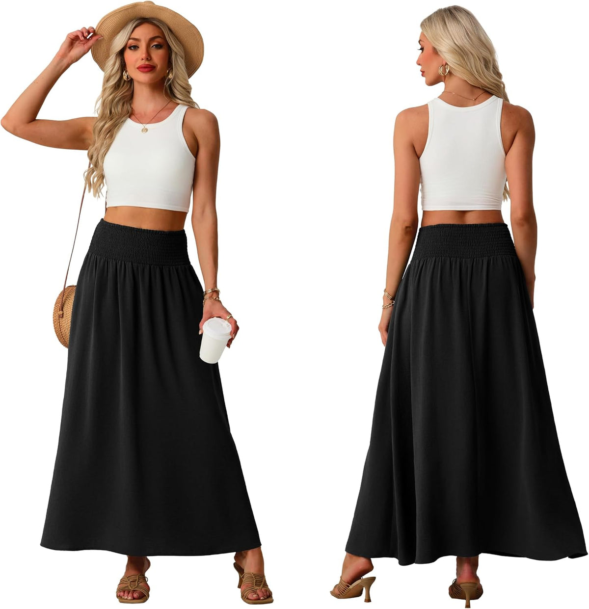 Lepunuo Maxi Skirts for Women Smocked Elastic High Waisted Casual Boho Swing Pleated Beach Long Skirts with Pockets