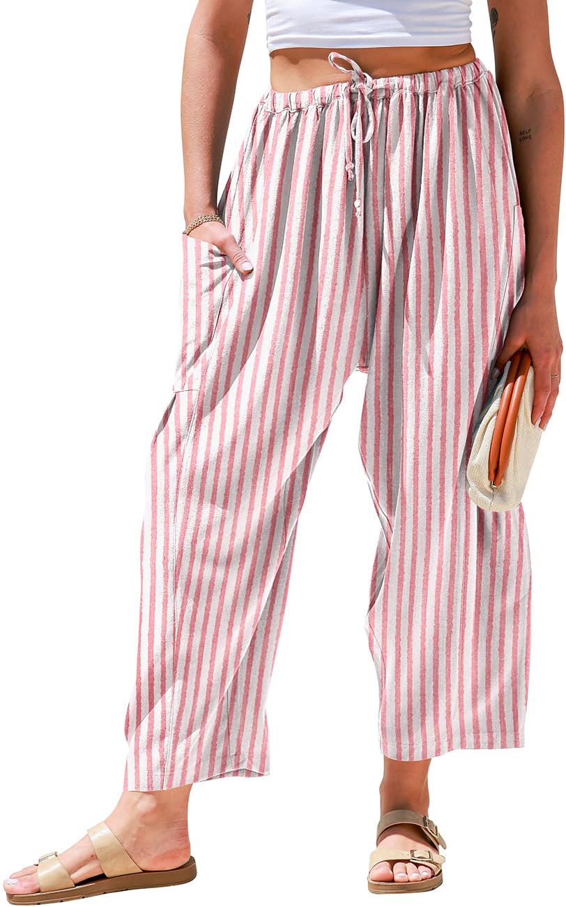 TARSE Womens Wide Leg Striped Linen Pants with Pocket