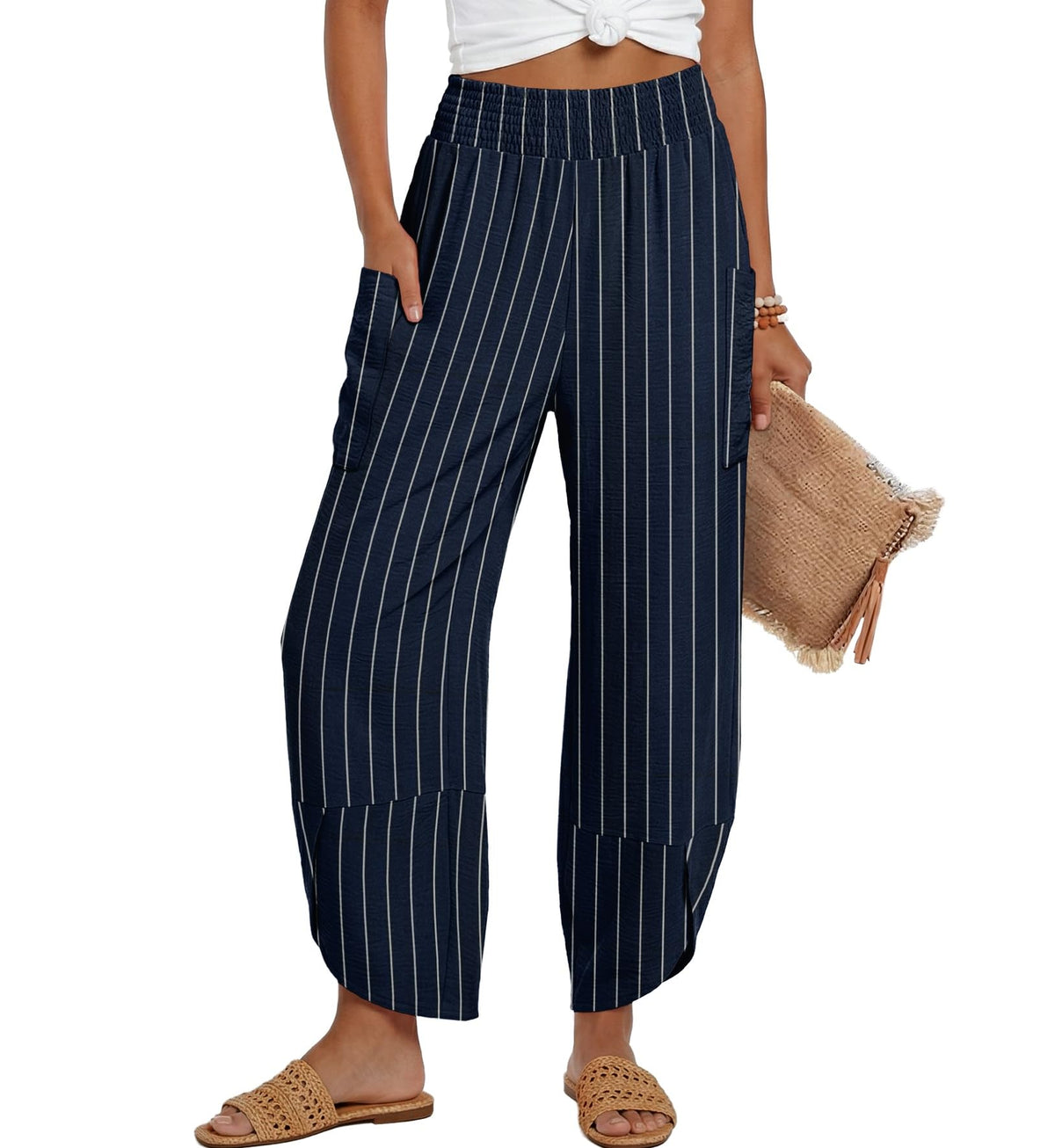 Lepunuo Womens Wide Leg Pants Palazzo High Waisted Smocked Trousers Summer Beach Casual Travel Pants 2026 with Pockets