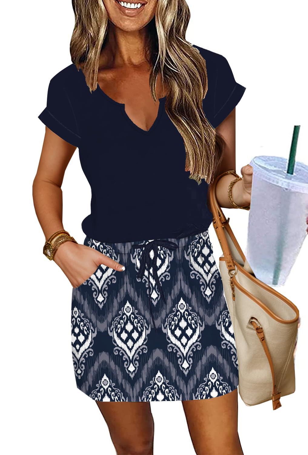 SAUKOLE Women Summer T Shirt Dress Casual Short Sleeve V Neck Dress with Pockets Drawstring Waist Short Dresses