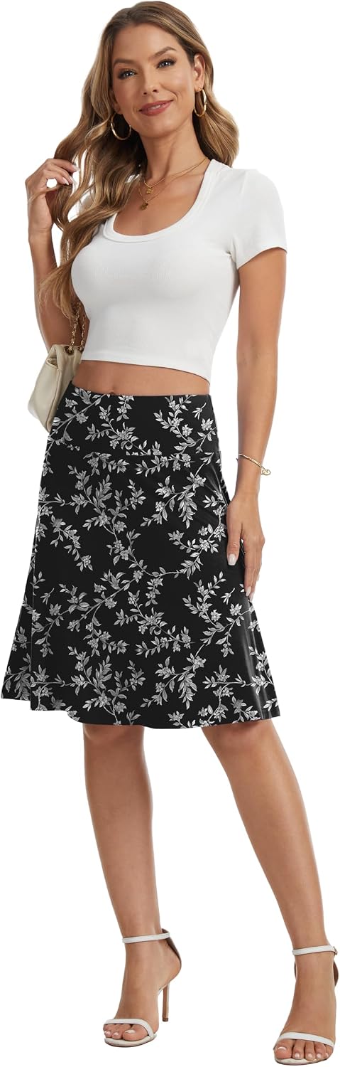 VIISHOW Women's Knee Length Skirt High Waisted Stretchy A-Line Skater Skirt Soft Knit Modest Casual Skirts for Daily Wear