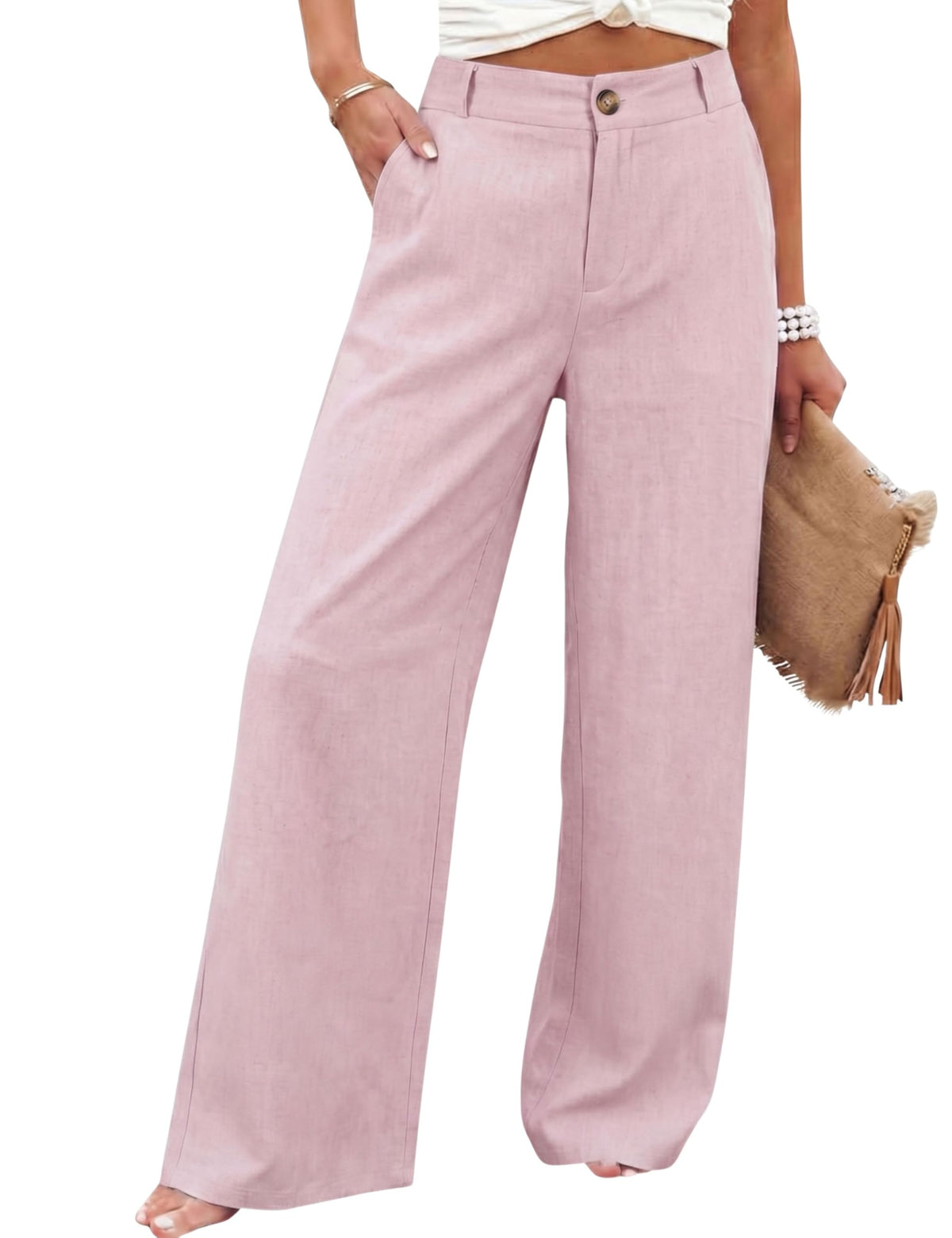 Hooever Womens Cotton Linen Pants Casual Button Up High Waisted Wide Leg Trousers