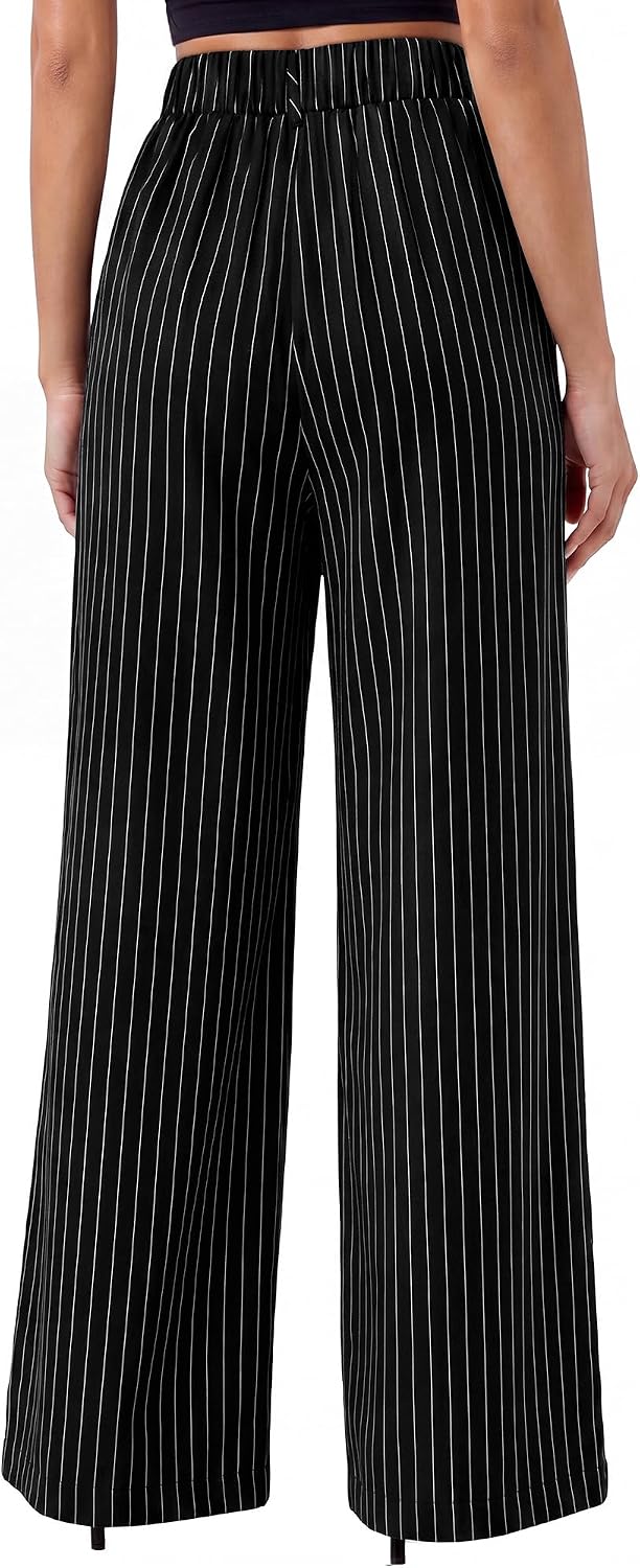 Youtalia Wide Leg Pants for Women Striped Drawstring Back Elastic Waist Trousers Casual with Pockets