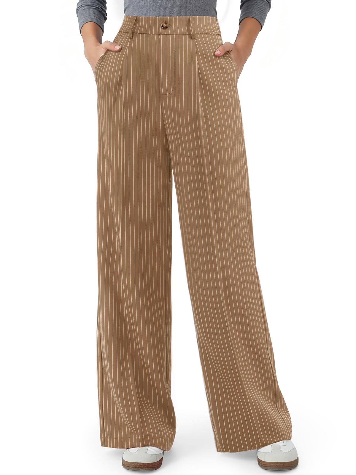 NIMIN Women High Waisted Dress Pants Striped Work Trousers with Pockets
