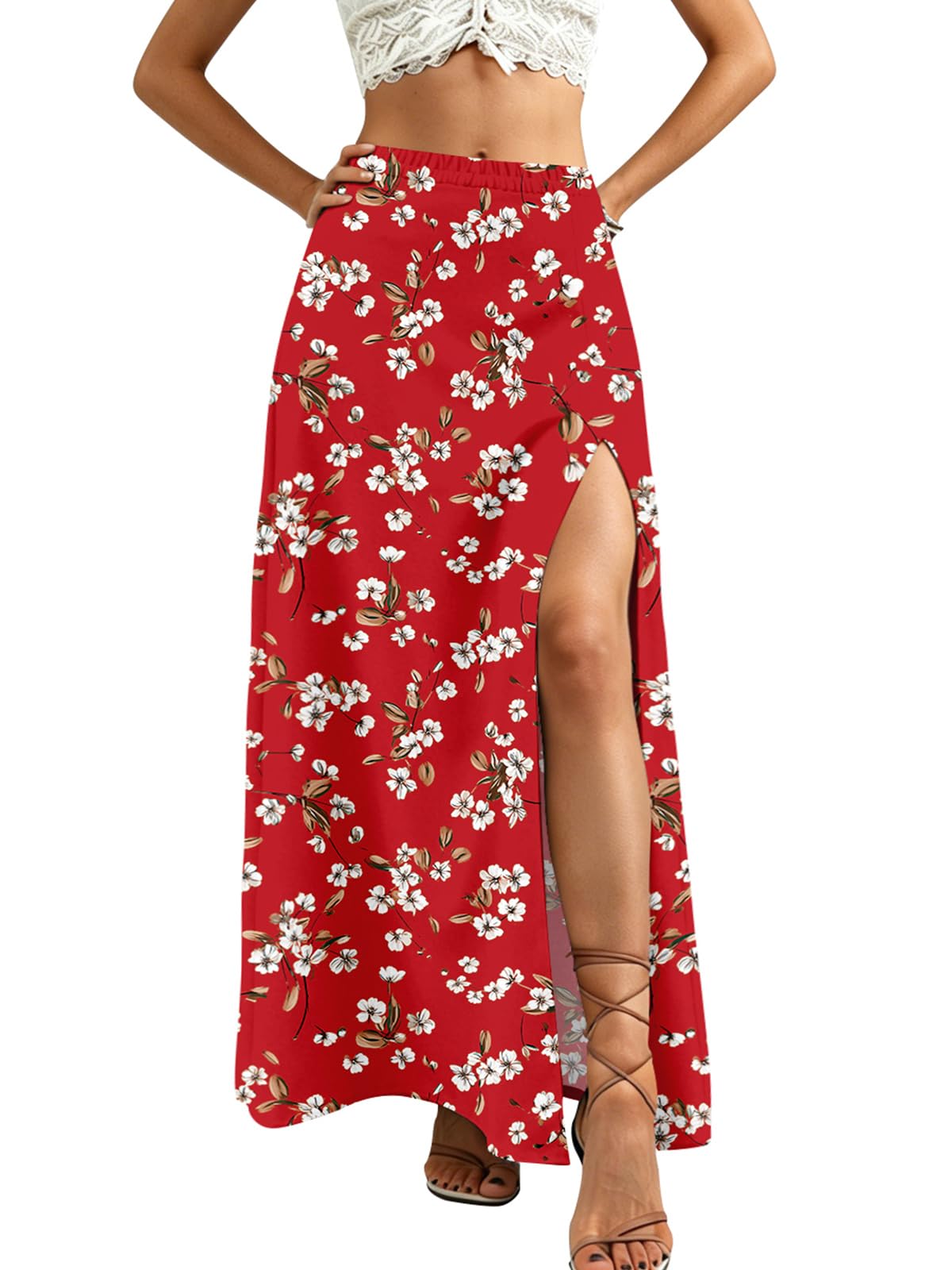 Women Summer Boho Floral Slit Maxi Skirt Split Thigh High Waisted Long Skirts