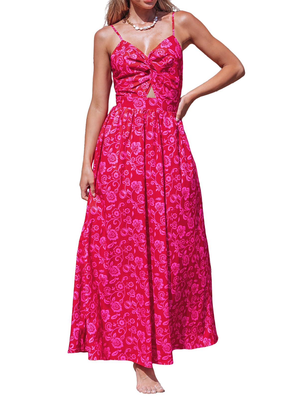 CUPSHE Women's Maxi Dress Floral Print Twisted V Neck Sleeveless Long Dress Summer Casual Dress