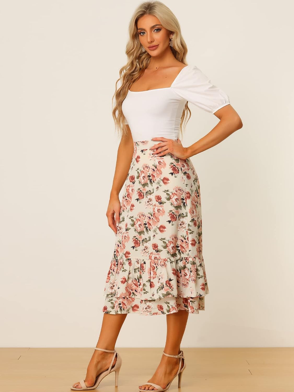 Allegra K Women's Printed Skirt Chiffon Ruffle Tiered Flowy Midi Skirts