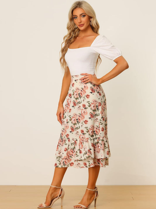 Allegra K Women's Printed Skirt Chiffon Ruffle Tiered Flowy Midi Skirts