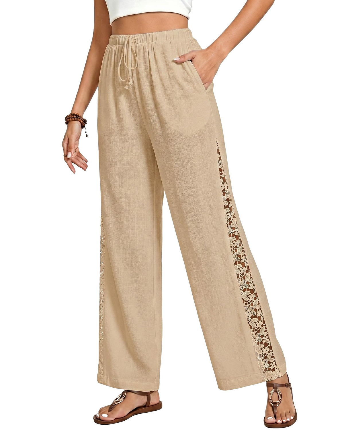 GRAPENT Linen Pants Women Wide Leg High Waisted Crochet Panel Pull On Elastic Waist Casual Summer Beach Vacation Pants