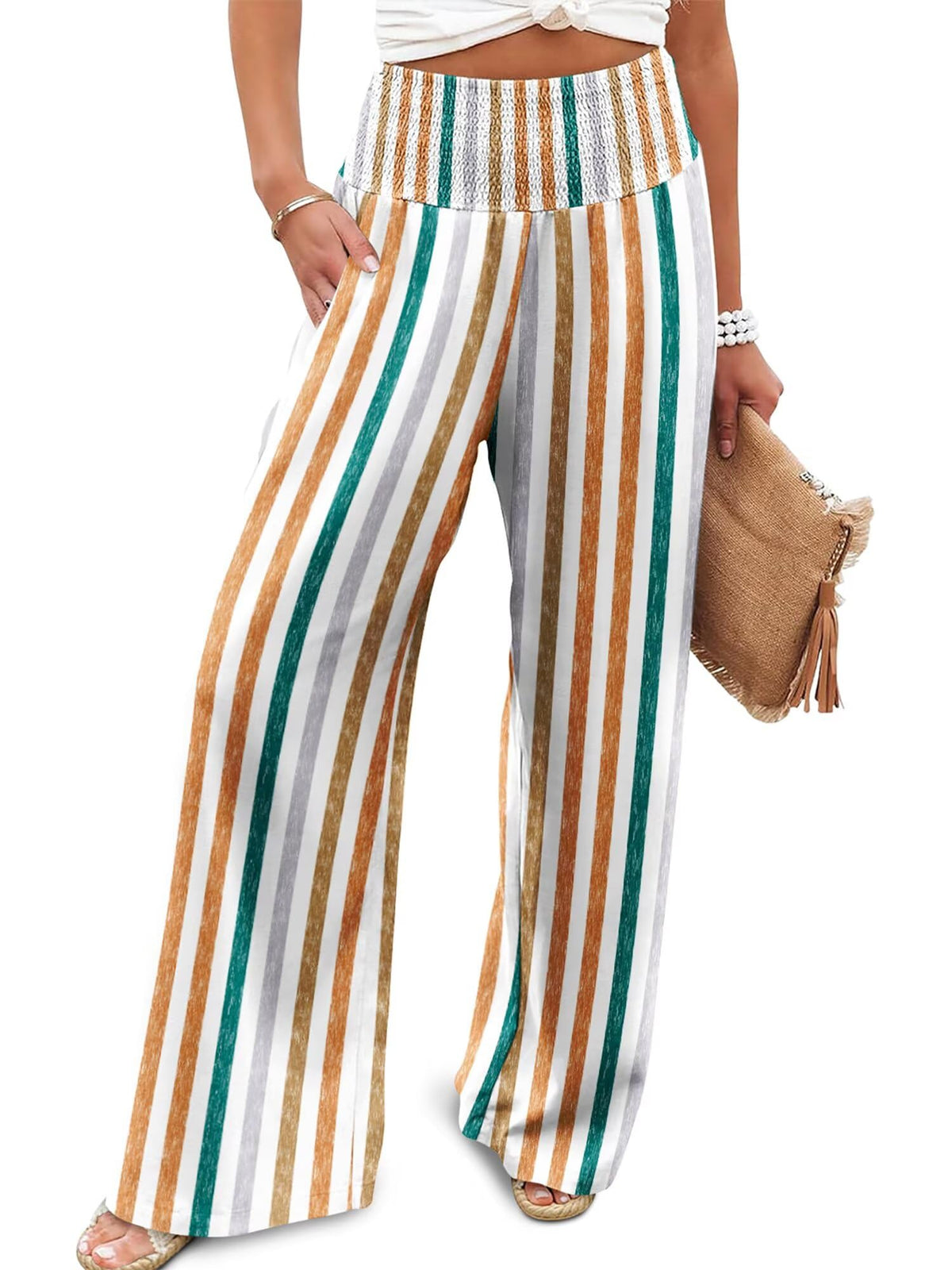 JZC Womens Wide Leg Pants Elastic High Waisted Palazzo Pants Summer Flowy Casual Trousers Beach Travel Vacation Outfits