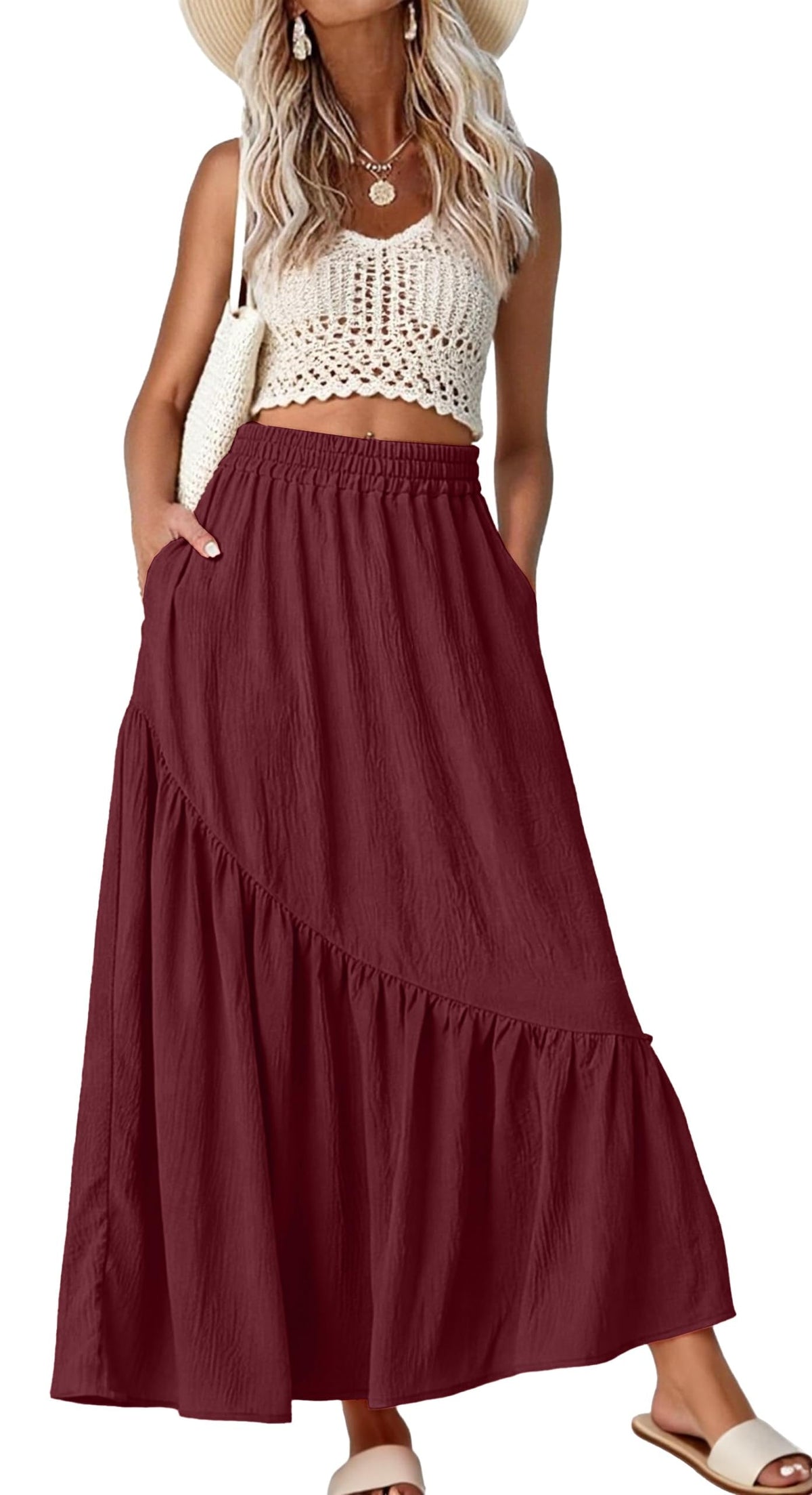GRECERELLE Women's Maxi Skirt High Waist Tiered A-Line with Pockets