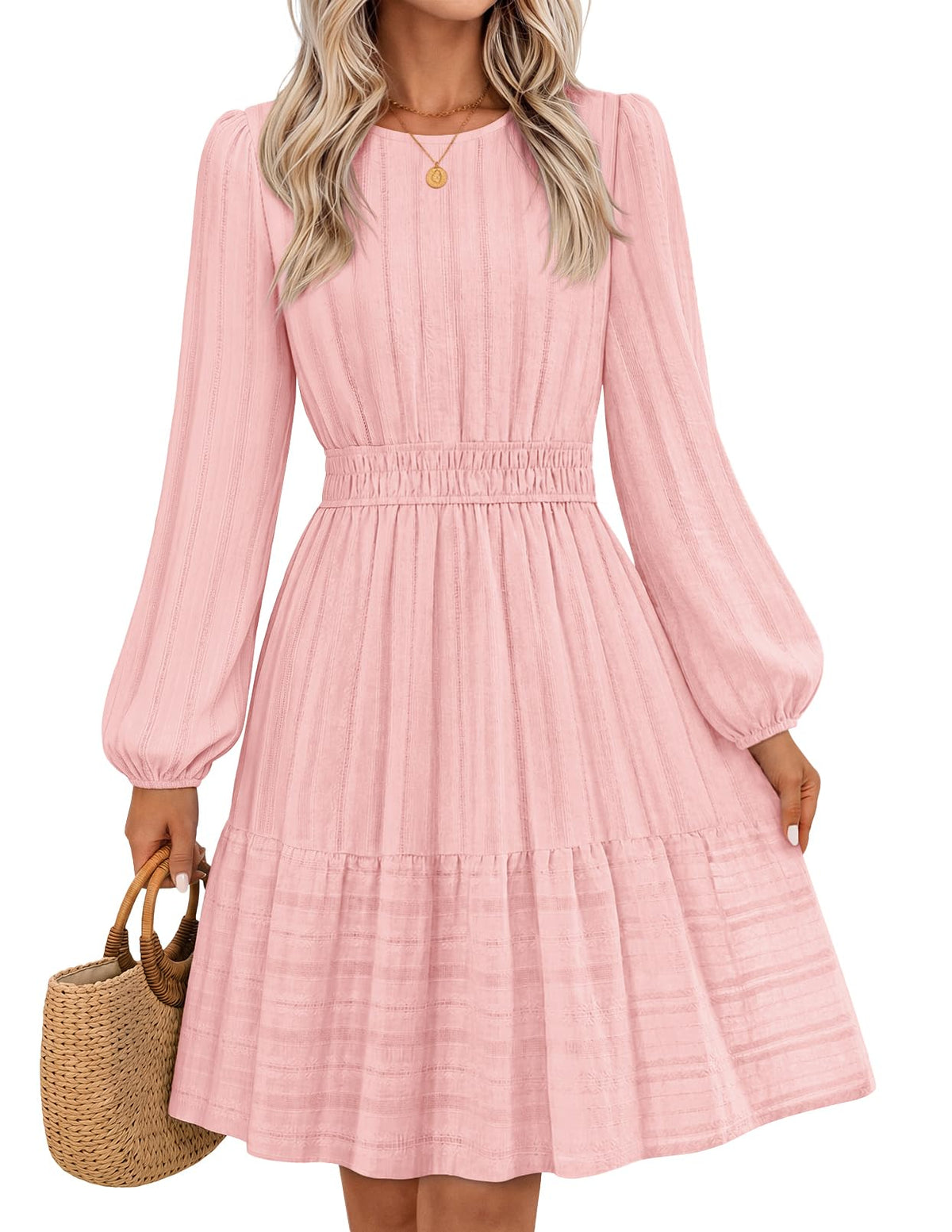 MEROKEETY Women's Fall Long Puff Sleeve Casual Boho Flowy Dress