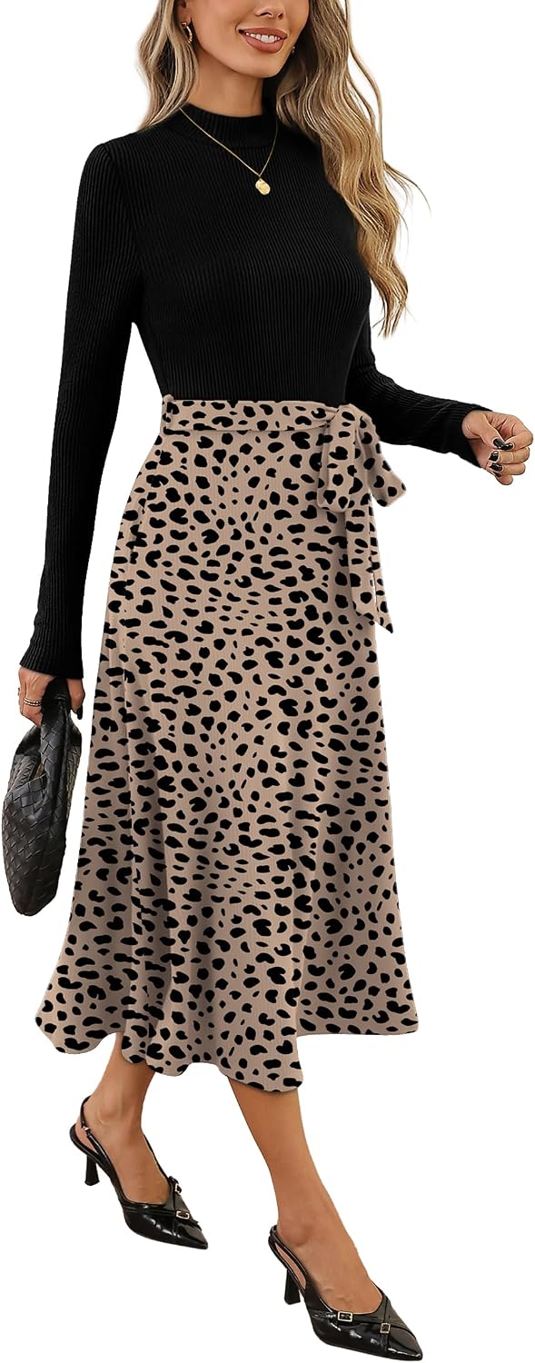 OFEEFAN Long Sleeve Dress Mock Neck Tie Waist Ribbed Knit Midi Dresses Fall Outfits
