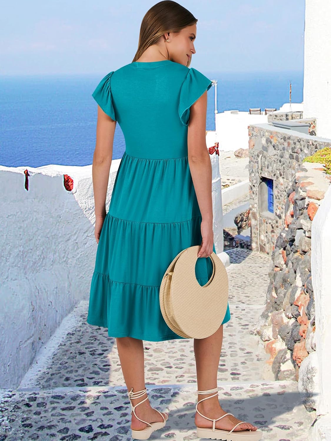 ANRABESS Womens Summer Dress Ruffle Sleeve V Neck Midi Dresses