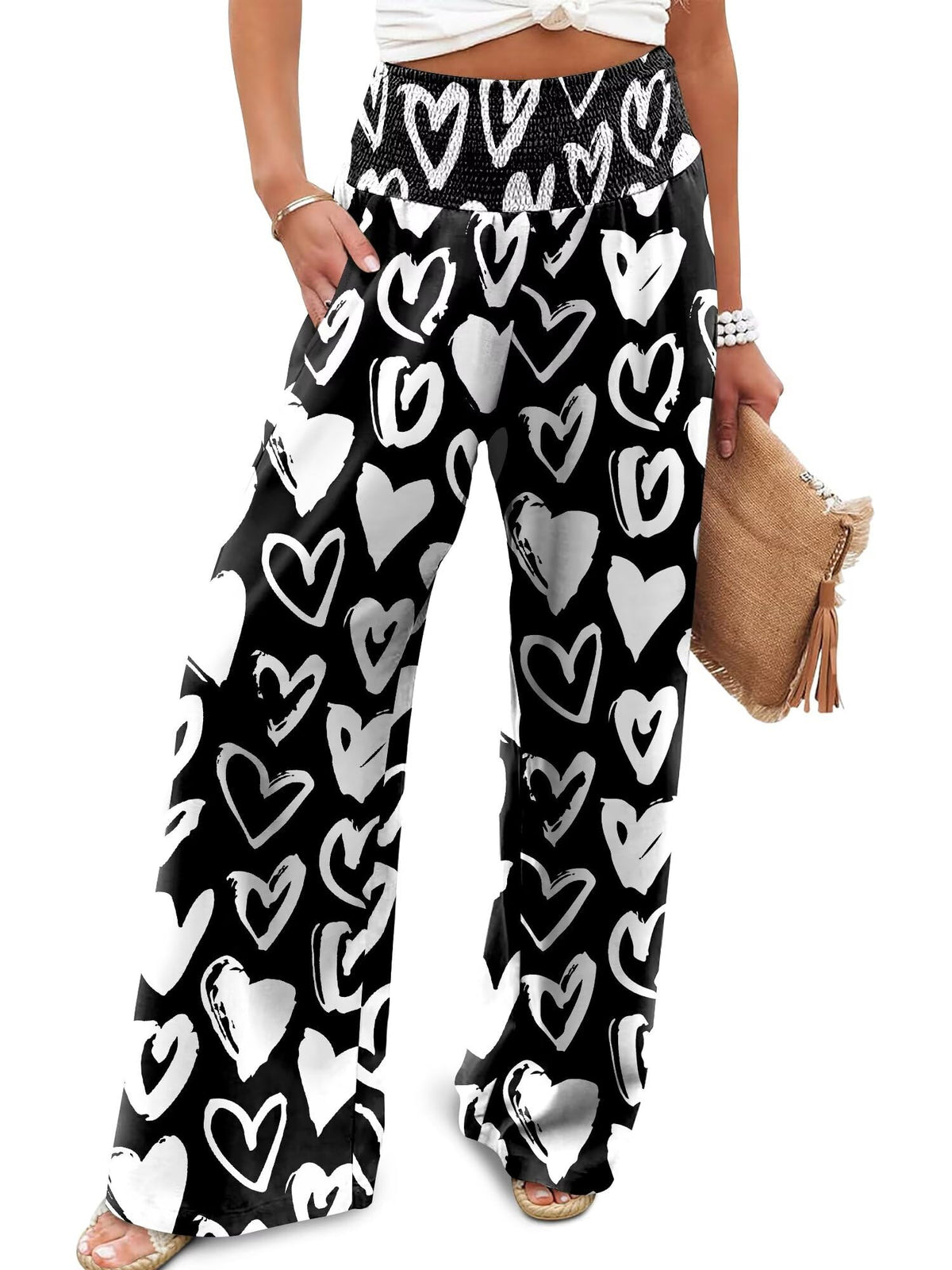 JZC Womens Wide Leg Pants Elastic High Waisted Palazzo Pants Summer Flowy Casual Trousers Beach Travel Vacation Outfits