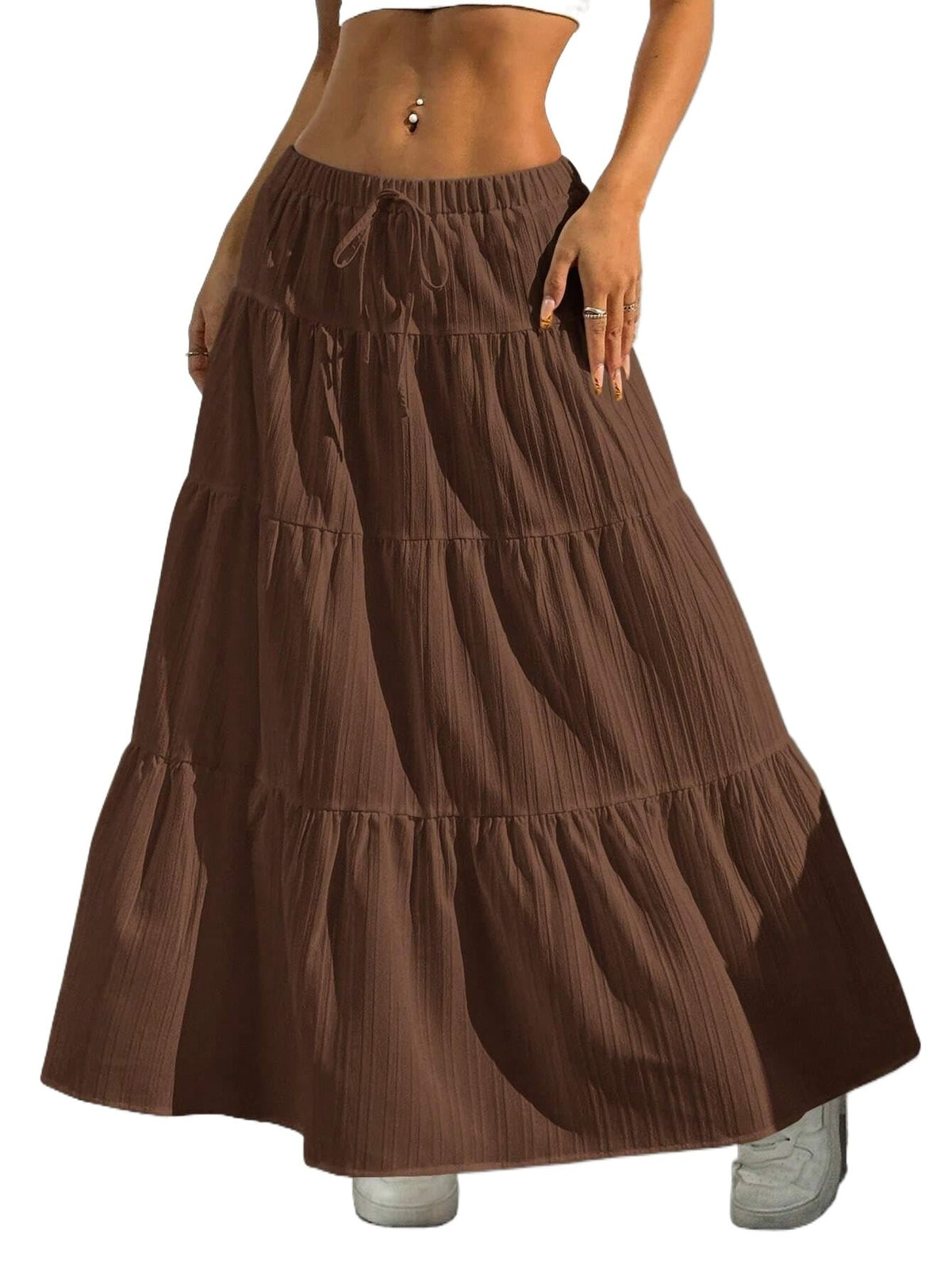 Maxi Skirt for Women Long Boho Flowy Ruffle Elastic High Waist