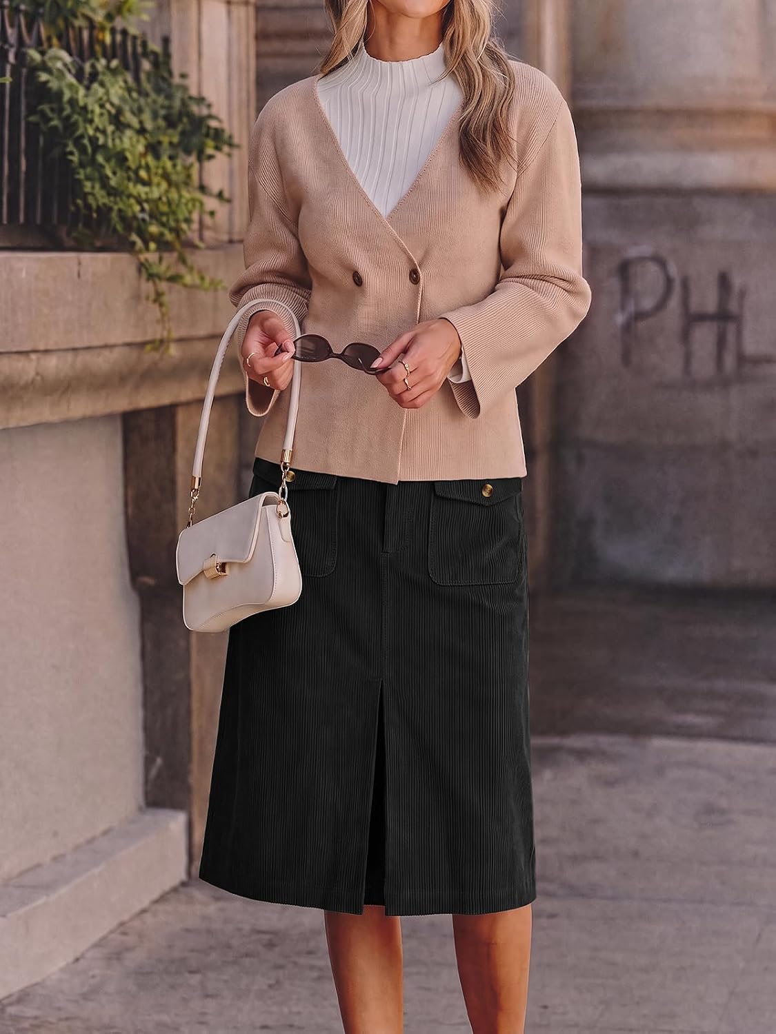 Cicy Bell Women Corduroy Midi Skirt Fall A-Line Front Slit Skirts