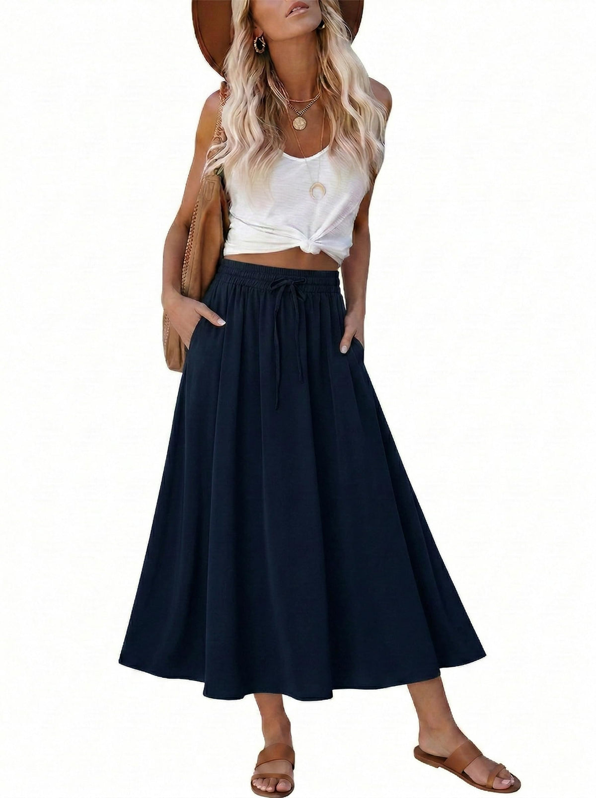 Magritta Women's Print Midi Skirt with Pocket Elastic High Waist 2026 Trendy A-Line Bohe Leopardr Swing Skirts for Women