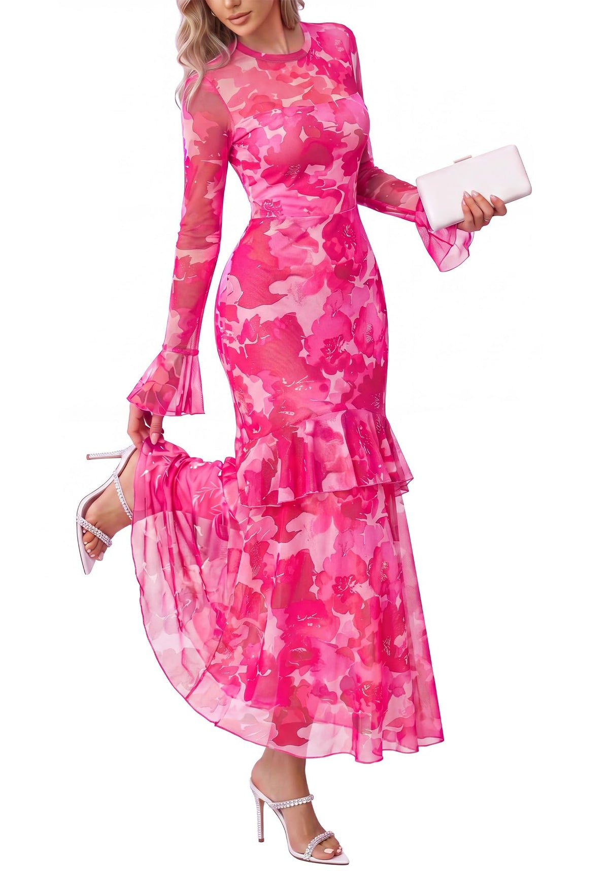 BTFBM Elegant Wedding Guest Dress Long Sleeve Maxi Dresses for Women