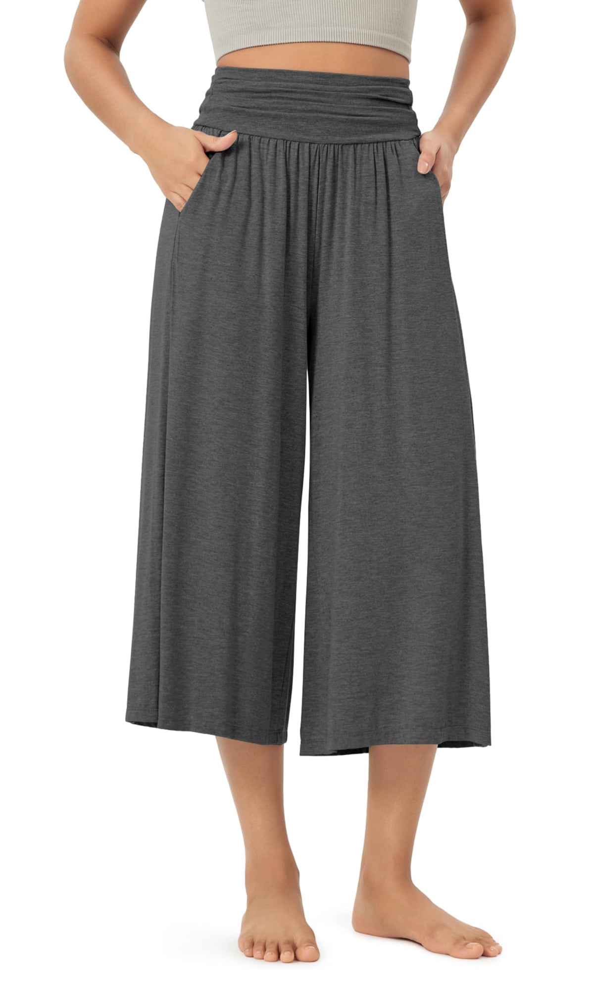 ODODOS Women's Wide Leg Palazzo Lounge Cropped Pants with Pockets Light Weight Comfy Pajama Capri Pants-20/22"/ 24" Inseam
