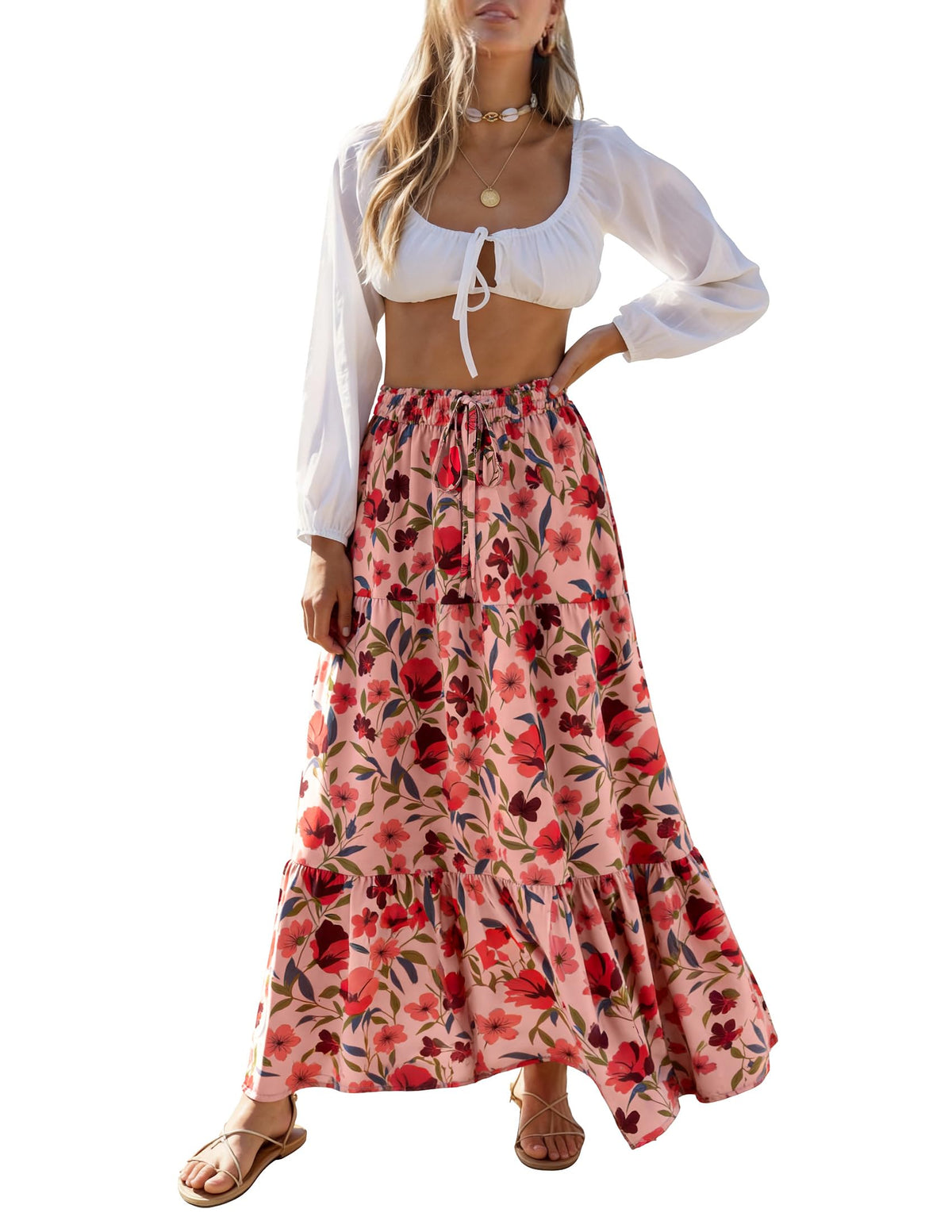 ZESICA Women's Bohemian Floral Printed Elastic Waist A Line Maxi Skirt