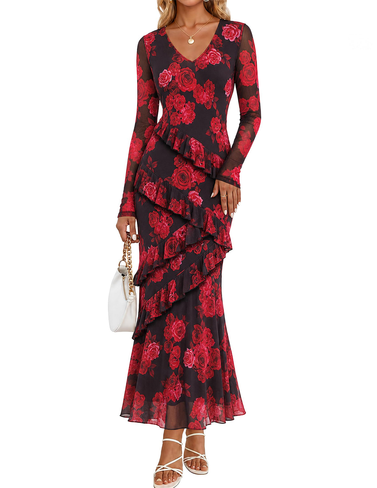 MEROKEETY Womens Fall Wedding Guest Floral Long Sleeve Bodycon Maxi Dress