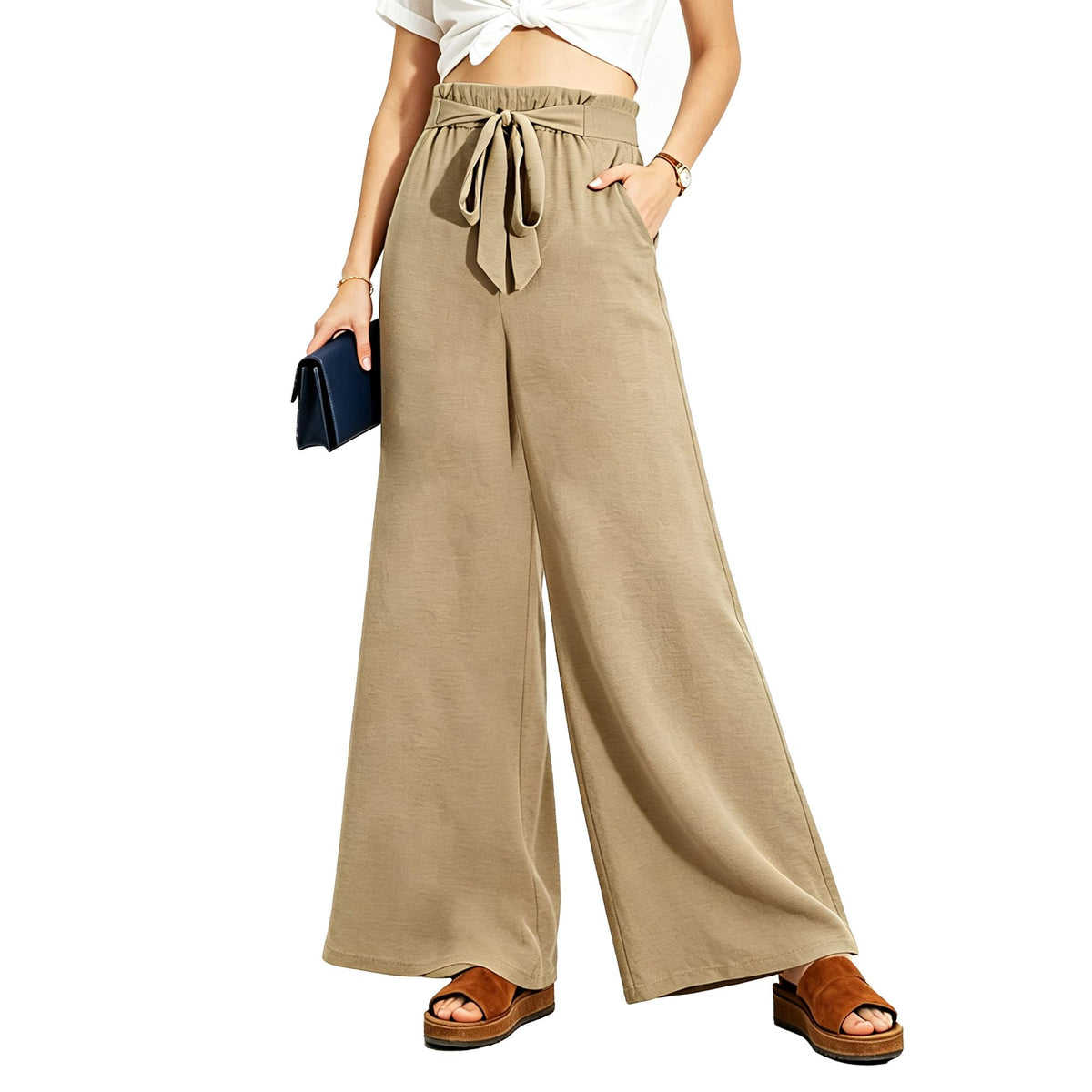 Women Wide Leg Casual Pants High Waist Flowy Palazzo Trousers Adjustable Knot Stylish Lounge Business Pants with Pockets