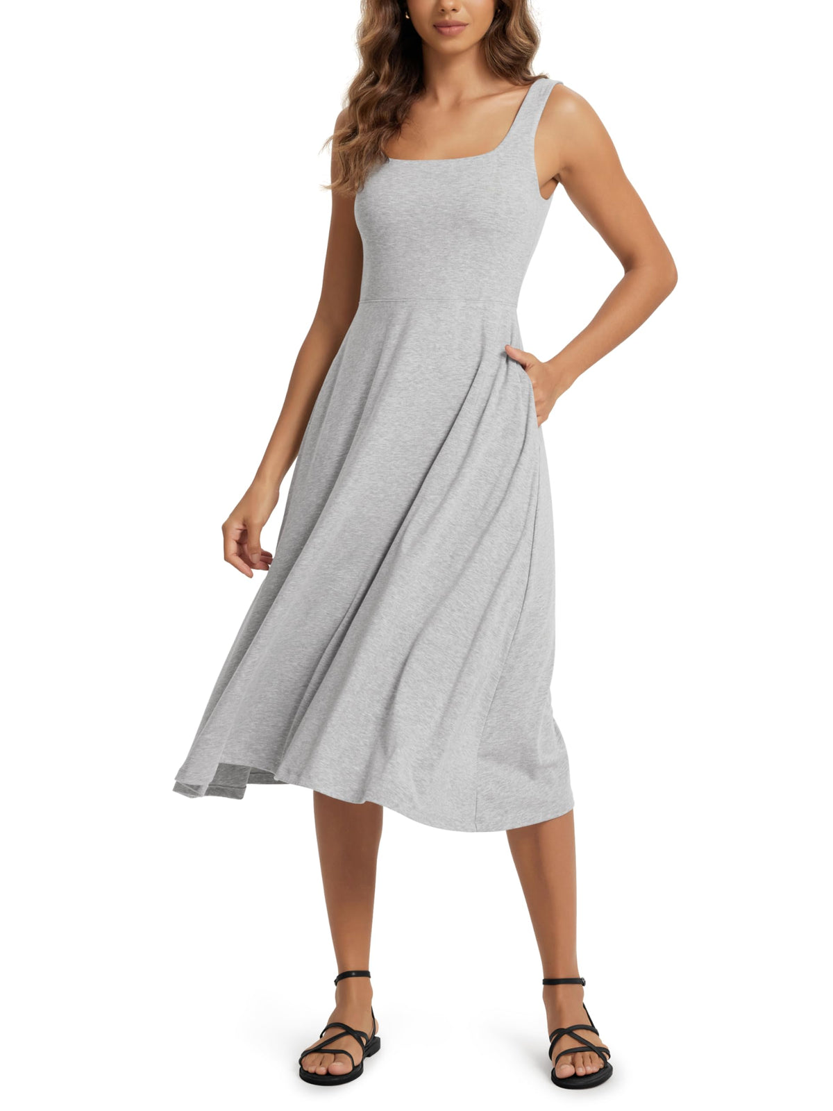 ODODOS Square Neck Midi Dress with Pockets for Women Summer Casual Sleeveless Sundress Flare Tank Dress