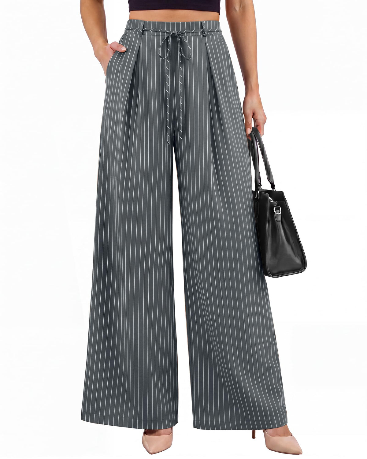 Youtalia Wide Leg Pants for Women Striped Drawstring Back Elastic Waist Trousers Casual with Pockets